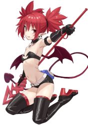 Rule 34 | 1girl, :p, armpits, bangle, belt, black choker, black footwear, black gloves, black shorts, blush, boots, bracelet, breasts, choker, demon girl, disgaea, earrings, elder spear, etna (disgaea), gloves, hair between eyes, high heel boots, high heels, highres, holding, holding weapon, jewelry, kneeling, michitaro smile, pointy ears, polearm, red eyes, red hair, short shorts, short twintails, shorts, simple background, skull earrings, small breasts, solo, spear, tail, thigh boots, thighhighs, tongue, tongue out, twintails, weapon, white background, white belt, wings