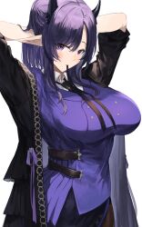 Rule 34 | 1girl, absurdres, arknights, arms up, belt, black belt, black necktie, blush, breasts, commentary request, hibiscus (arknights), hibiscus the purifier (arknights), highres, horns, kajuu, large breasts, long hair, looking at viewer, mouth hold, necktie, pointy ears, purple eyes, purple hair, purple ribbon, ribbon, solo