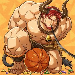 Rule 34 | 1boy, abs, bara, bare pectorals, bell, bound, bound wrists, brown eyes, brown shorts, candy, cow boy, cow horns, cow tail, cowbell, dorcas (fire emblem), facial hair, fire emblem, fire emblem: the blazing blade, fire emblem heroes, food, full body, goatee, halloween, halloween costume, horns, large pectorals, male focus, manly, minotaur, monster boy, muscular, nintendo, nipple piercing, nipples, nose piercing, original, pectorals, piercing, pumpkin, red hair, short hair, shorts, sideburns, solo, tail, thick thighs, thighs, zelo-lee
