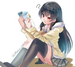 Rule 34 | 10s, 1girl, ?, black hair, cis (carcharias), confused, isokaze (kancolle), jacket, kantai collection, long hair, magazine (object), red eyes, school uniform, serafuku, solo