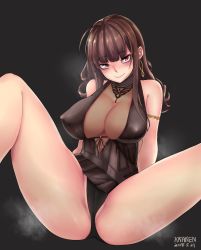 Rule 34 | 1girl, ahoge, arm support, armlet, ass, bare shoulders, black dress, black panties, blunt bangs, blush, breasts, brown hair, cameltoe, casual, choker, cleavage, closed mouth, covered erect nipples, dated, dress, dsr-50 (girls&#039; frontline), dsr-50 (highest bid) (girls&#039; frontline), earrings, gem, girls&#039; frontline, grey background, groin, hair ornament, hair over shoulder, head tilt, highres, jewelry, kuraken, large breasts, leaning back, long hair, looking at viewer, necklace, no bra, official alternate costume, panties, pantyshot, pendant, red eyes, red gemstone, see-through, sideboob, sidelocks, signature, simple background, sitting, skindentation, smile, solo, spread legs, thighs, underwear, very long hair