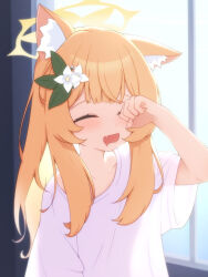 Rule 34 | 1girl, animal ear fluff, animal ears, blue archive, blush, cat ears, closed eyes, collarbone, commentary, drooling, fang, flower, hair flower, hair ornament, halo, highres, indoors, k0me, long hair, mari (blue archive), mouth drool, open mouth, orange hair, shirt, short sleeves, skin fang, solo, upper body, white flower, white shirt, window, yellow halo