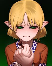 Rule 34 | 1girl, black background, blonde hair, brown shirt, clenched hands, clenched teeth, commentary request, eyelashes, gradient background, green background, green eyes, holding, holding nail, looking at viewer, mizuhashi parsee, nail, pointy ears, shirt, short hair, solo, teeth, touhou, upper body, yokozuna iwashi