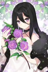 Rule 34 | 1girl, bare shoulders, black choker, black hair, blurry, breasts, choker, cleavage, closed mouth, collarbone, commentary request, criss-cross halter, depth of field, dress, feather boa, flower, hair between eyes, halterneck, holding, holding flower, leaf, long hair, looking at viewer, medium breasts, original, pink eyes, purple flower, roh nam kyung, smile, solo, upper body, white dress