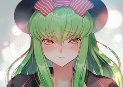 Rule 34 | 1girl, blush, bow, c.c., close-up, code geass, commentary request, creayus, green hair, hair between eyes, hair bow, hair ornament, lens flare, long hair, looking at viewer, pink bow, portrait, solo, tearing up, tears, translation request, yellow eyes