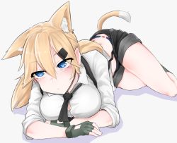 Rule 34 | 1girl, alternate breast size, animal ears, black necktie, blonde hair, blue eyes, blush, breast hold, breasts, bright pupils, cat ears, cat tail, cleavage, closed mouth, collared shirt, commentary request, foreshortening, full body, girls&#039; frontline, gloves, hair between eyes, hair ornament, hairclip, idw (girls&#039; frontline), k0ng, long hair, looking at viewer, medium breasts, midriff peek, necktie, shirt, short shorts, shorts, simple background, solo, suspenders, swimsuit, swimsuit under clothes, tail, thighs, twintails, white background, white shirt