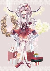 Rule 34 | 1girl, adapted costume, alternate hair color, arm ribbon, bodice, border, box, cross, crossed legs, flandre scarlet, flower, frilled skirt, frills, gift, gift box, ginzuki ringo, hair ornament, hat, hat ribbon, highres, holly, lace, lace border, light purple hair, light smile, looking at viewer, mary janes, mob cap, ornate border, pinecone, pointy ears, puffy short sleeves, puffy sleeves, purple background, red eyes, ribbon, rose, shoes, short hair, short sleeves, side ponytail, skirt, skirt hold, snowflakes, solo, standing, star (symbol), star hair ornament, thighhighs, touhou, white thighhighs, wings, wreath, zettai ryouiki