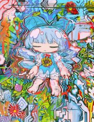 Rule 34 | 1girl, abstract, abstract background, blue bow, blue dress, blue hair, blunt bangs, bow, cirno, closed eyes, colorful, dress, flower, hair bow, hito (nito563), ice, ice wings, no nose, red flower, short hair, short sleeves, solo, sunflower, touhou, wings, yellow flower