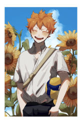 Rule 34 | 1boy, ball, black pants, border, cloud, collared shirt, day, english text, flower, haikyuu!!, highres, hinata shouyou, holding, holding ball, male focus, messy hair, open mouth, orange hair, outdoors, pants, shirt, sky, smile, solo, sunflower, takino, volleyball, volleyball (object), white border, white shirt