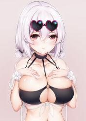Rule 34 | 1girl, absurdres, alternate costume, azur lane, bikini, black bikini, blush, breasts, choker, cleavage, collarbone, commentary request, eyewear on head, grey background, hair between eyes, hands on own chest, heart, heart-shaped eyewear, highres, large breasts, looking at viewer, navel, o-ring, o-ring top, parted lips, red eyes, scrunchie, see-through, short hair, simple background, sirius (azur lane), sirius (scorching-hot seirios) (azur lane), solo, sunglasses, swimsuit, taitai, white hair, wrist scrunchie