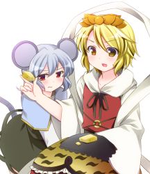Rule 34 | 2girls, adaajt, animal ears, blonde hair, capelet, cheese, female focus, food, grey hair, hair ornament, mouse ears, mouse tail, multiple girls, nazrin, open mouth, red eyes, ribbon, short hair, skirt, smile, sweatdrop, tail, tears, toramaru shou, touhou, yellow eyes