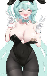 Rule 34 | 1girl, absurdres, animal ears, bandaid, bandaids on nipples, blue archive, blush, breasts, closed eyes, covered navel, double v, facing viewer, fake animal ears, green hair, highres, hood, hooded jacket, jacket, large breasts, long hair, open mouth, pasties, rabbit ears, smile, socks, solo, tomid, v, white jacket, white socks, yume (blue archive)
