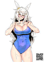 Rule 34 | 1girl, animal ears, bare shoulders, biwa hayahide (umamusume), blue one-piece swimsuit, breasts, cleavage, closed mouth, commentary request, cowboy shot, ear ornament, glasses, grey hair, hair between eyes, hair ornament, highres, horse ears, horse girl, large breasts, long hair, looking at viewer, minew, one-piece swimsuit, pink-framed eyewear, qr code, simple background, smile, solo, swimsuit, thigh gap, umamusume, wet, wet clothes, wet swimsuit, white background, yellow eyes