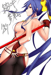 Rule 34 | &gt;:), 1girl, absurdres, antenna hair, ass, backless outfit, bare shoulders, holding behind back, black pants, blazblue, blazblue: central fiction, blazblue variable heart, blue hair, bow, breasts, butt crack, cowboy shot, dutch angle, fingerless gloves, from behind, genderswap, genderswap (mtf), gloves, hair between eyes, hair bow, halterneck, hand on own ass, highres, hip vent, holding, holding weapon, large breasts, long hair, looking at viewer, lowleg, lowleg pants, mai natsume, no bra, no panties, pants, pink eyes, pino (hetare1023), polearm, ponytail, purple eyes, revealing clothes, ribbon, sideboob, sidelocks, smile, solo, spear, standing, thighs, v-shaped eyebrows, very long hair, weapon, yellow bow