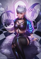 Rule 34 | 1girl, bracelet, claws, cone hair bun, cropped jacket, demon girl, earrings, evelynn (league of legends), hair bun, highres, jewelry, league of legends, long hair, looking at viewer, makeup, official alternate costume, pleated skirt, revealing clothes, rinrindaishi, silver hair, sitting, skirt, solo, yellow eyes