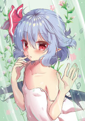 Rule 34 | 1girl, bare shoulders, bat wings, beni kurage, blue hair, blush, breasts, collarbone, commentary request, dress, flower, hair between eyes, hair ribbon, hands up, highres, looking at viewer, nail polish, no headwear, no headwear, parted lips, pink flower, pink nails, pointy ears, purple flower, red eyes, remilia scarlet, ribbon, short hair, small breasts, solo, spaghetti strap, strap slip, touhou, upper body, white dress, wings