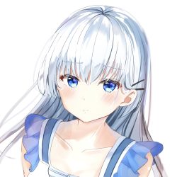 Rule 34 | 1girl, bare shoulders, blue dress, blue eyes, blush, character request, collarbone, commentary request, dress, frown, hair ornament, hairclip, highres, kichi (kichifav), long hair, looking at viewer, portrait, simple background, solo, white background, white hair