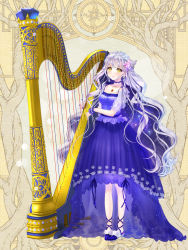 Rule 34 | 1girl, blue choker, blue dress, bow, braid, breasts, choker, cleavage, crown braid, dairoku ryouhei, dress, earrings, frills, full body, hair bow, harp, instrument, jewelry, long hair, looking at viewer, necklace, nyan5000, official art, pink bow, silver hair, solo, standing, very long hair, wristband, yellow eyes