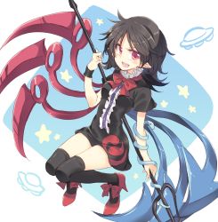 Rule 34 | 1girl, black dress, black hair, black thighhighs, bow, commentary request, dress, high heels, houjuu nue, knees together feet apart, looking at viewer, open mouth, pointy ears, polearm, red eyes, red footwear, satou kibi, shoes, short hair, short sleeves, solo, star (symbol), thighhighs, touhou, trident, ufo, weapon, wings