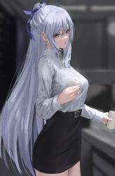 Rule 34 | 1girl, absurdres, alternate costume, bakemonsou, black skirt, blue ribbon, blurry, blurry background, breasts, collared shirt, cup, earrings, grey hair, hair ornament, hair ribbon, highres, holding, holding cup, honkai: star rail, honkai (series), jewelry, jingliu (honkai: star rail), large breasts, long hair, looking at viewer, parted lips, ponytail, red eyes, ribbon, shirt, shirt tucked in, skirt, white shirt