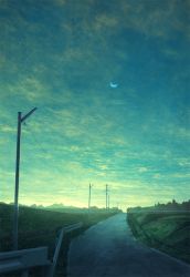 Rule 34 | blue sky, cloud, cloudy sky, crescent moon, gradient sky, grass, highres, mks, moon, no humans, original, outdoors, power lines, railing, road, scenery, sky, sunlight, twilight, utility pole