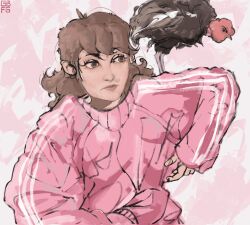 Rule 34 | adidas, bad source, bird, brown eyes, brown hair, chicken, confused, highres, jacket, persona, persona 3, pink background, pink jacket, rooster, slavic clothes, solo, takeba yukari