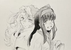Rule 34 | 2girls, ainu clothes, armor, black hair, breasts, charlotte christine de colde, fingerless gloves, gloves, hair ribbon, highres, long hair, looking at viewer, monochrome, multiple girls, nakoruru, open mouth, ribbon, samurai spirits, sketch, small breasts, smile, snk, traditional media