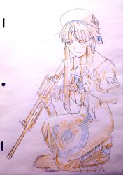 Rule 34 | 1girl, ar-15, aria (manga), aria company uniform, assault rifle, beret, blue bow, blue bowtie, blue gloves, blue ribbon, blush, bow, bowtie, closed mouth, cwind, dress, eyelashes, fingerless gloves, full body, gloves, gun, hair ornament, hair tubes, hand up, hat, hat ribbon, highres, holding, holding gun, holding weapon, kneeling, long dress, looking at viewer, magazine (weapon), mizunashi akari, monochrome, parted bangs, ribbon, rifle, short hair with long locks, short sleeves, simple background, sketch, solo, spot color, traditional media, weapon, white dress
