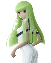 Rule 34 | 00s, 1girl, :o, ass, bare shoulders, bodysuit, brown eyes, c.c., code geass, female focus, green hair, parted lips, realistic, robe, simple background, siraha, skin tight, solo, turtleneck