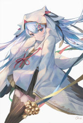 Rule 34 | 1girl, blue eyes, blue hair, commentary request, gold trim, hair between eyes, hand to own mouth, hatsune miku, holding, long hair, looking at viewer, qie, skirt, solo, thighhighs, vocaloid, white background, yuki miku, zettai ryouiki