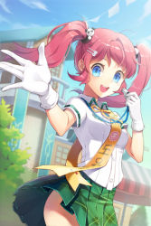 Rule 34 | 1girl, blue eyes, breasts, dress shirt, female focus, gloves, hair ornament, hairclip, long hair, lowres, nature, outdoors, pink hair, plaid, plaid skirt, plant, pleated skirt, ribbon, sash, shirt, skirt, sky, solo, sword girls, twintails, waving, whistle