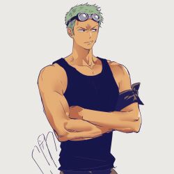 Rule 34 | 1boy, bandana, bandana around arm, bare shoulders, black bandana, black eyes, commentary request, crossed arms, goggles, goggles on head, green hair, grey background, highres, katana, korean commentary, looking to the side, male focus, noeardog, official alternate costume, one piece, parted lips, roronoa zoro, short hair, solo, sword, tank top, toned, toned male, upper body, weapon