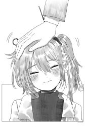 Rule 34 | 1boy, 1girl, :&gt;, a.i. voice, adachi rei, artist name, blush, closed eyes, closed mouth, commentary, cropped torso, facing viewer, goldenriver8, greyscale, hand on another&#039;s head, head tilt, headlamp, headpat, highres, jacket, long hair, long sleeves, monochrome, open clothes, open jacket, out of frame, radio antenna, side ponytail, simple background, solo focus, turtleneck, utau
