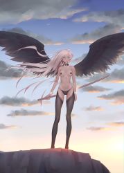 Rule 34 | 1girl, absurdres, aqua eyes, backlighting, black panties, black thighhighs, black wings, blonde hair, blue eyes, bow, bowtie, breasts, cliff, cloud, copyright request, detached collar, feathered wings, floating hair, highres, holding, holding sword, holding weapon, lace, lace-trimmed legwear, lace trim, long hair, looking at viewer, medium breasts, navel, original, outdoors, panties, pasties, silver hair, sky, solo, spread wings, standing, star pasties, sunrise, sword, thigh gap, thighhighs, underwear, underwear only, very long hair, weapon, wind, wings, wooden sword, wrist cuffs, xini m