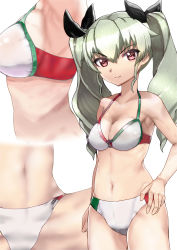 Rule 34 | &gt;:(, 10s, 1girl, anchovy (girls und panzer), arm at side, bad id, bad nicoseiga id, bikini, black ribbon, breasts, cowboy shot, drill hair, flag print, frown, girls und panzer, green hair, hair ribbon, hand on own hip, highres, italian flag, long hair, looking at viewer, medium breasts, multiple views, navel, print bikini, red eyes, ribbon, sideboob, sikijou77o, simple background, standing, stomach, swimsuit, twin drills, twintails, v-shaped eyebrows, white background