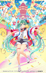 Rule 34 | 1girl, bare shoulders, black sailor collar, black shorts, blush, bow, commentary request, copyright notice, green eyes, green hair, grin, hair between eyes, hair bow, haori, hat, hatsune miku, highres, japanese clothes, lantern, long hair, long sleeves, looking at viewer, mini hat, murakami yuichi, octopus, outstretched arms, paper lantern, red bow, sailor collar, school uniform, serafuku, shirt, shoes, short shorts, shorts, sleeveless, sleeveless shirt, smile, socks, solo, standing, standing on one leg, star (symbol), striped, striped bow, thighs, tilted headwear, twintails, very long hair, vocaloid, watermark, web address, white footwear, white shirt, white socks, wide sleeves
