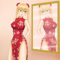 Rule 34 | 1girl, alternate costume, alternate hairstyle, blonde hair, breasts, chinese clothes, erica (magical camp), flower, green eyes, highres, large breasts, magical camp, mirror, reflection, sleeveless, solo, thick thighs, thighs