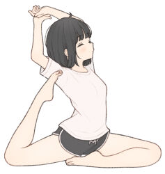 Rule 34 | 1girl, 1ssakawaguchi, absurdres, arms up, barefoot, black hair, black shorts, bob cut, closed eyes, closed mouth, commentary, feet, highres, ichika (1ssakawaguchi), leg up, original, pigeon pose, shirt, short hair, short shorts, short sleeves, shorts, simple background, solo, symbol-only commentary, toes, white background, white shirt, yoga