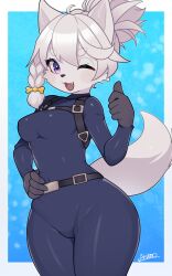 Rule 34 | 1girl, absurdres, animal ears, black bodysuit, black gloves, bodysuit, braid, breasts, fang, furry, furry female, gloves, hand on own hip, highres, looking at viewer, medium breasts, one eye closed, open mouth, original, purple eyes, ryuusui arumo, short hair, single braid, solo, tail, thick eyebrows, white hair, wolf ears, wolf girl, wolf tail