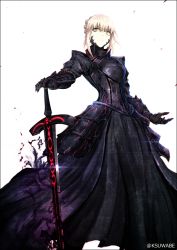 Rule 34 | 1girl, armor, armored dress, artoria pendragon (fate), black armor, black dress, black gloves, blonde hair, closed mouth, cowboy shot, dress, excalibur morgan (fate), fate/stay night, fate (series), gloves, k-suwabe, looking at viewer, saber alter, short hair, simple background, solo, sword, twitter username, weapon, white background, yellow eyes