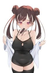 Rule 34 | 1girl, absurdres, armpit crease, black camisole, black thighhighs, blush, breasts, brown hair, camisole, cleavage, cleavage cutout, clothing cutout, collarbone, commentary request, double bun, hair bun, highres, hiiragi ken, ice cream bar, idolmaster, idolmaster shiny colors, large breasts, looking at viewer, mouth hold, open clothes, open shirt, red eyes, simple background, solo, sonoda chiyoko, sweatdrop, thighhighs, twintails, white background