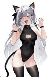 1girl absurdres animal_ears black_leotard black_nails black_thighhighs braid breasts cat_cutout cat_ears cat_tail clothing_cutout collarbone covered_navel gluteal_fold grey_eyes grey_hair hair_ornament hair_ribbon heart heart-shaped_pupils highres hololive hololive_indonesia leotard long_hair medium_breasts nail_polish open_mouth raikkonen ribbon simple_background skindentation solo sweat symbol-shaped_pupils tail thighhighs thighs tongue tongue_out vestia_zeta virtual_youtuber white_background