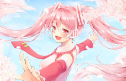 Rule 34 | 1girl, blue sky, cherry blossoms, cloud, day, detached sleeves, hair ornament, hatsune miku, head wings, long hair, long sleeves, looking at viewer, natsu (natume0504), necktie, open mouth, outstretched arms, petals, pink eyes, pink hair, sakura miku, shirt, sky, smile, solo, twintails, upper body, very long hair, vocaloid, wide sleeves, wings