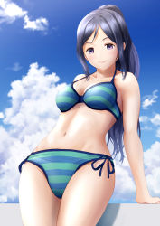 Rule 34 | 10s, 1girl, arm support, bad id, bad pixiv id, bare arms, bare shoulders, bikini, blue ribbon, blue sky, breasts, cleavage, cloud, collarbone, cowboy shot, day, from below, halterneck, highres, leaning back, lips, long hair, looking at viewer, looking down, love live!, love live! school idol festival, love live! sunshine!!, matsuura kanan, medium breasts, multicolored bikini, multicolored clothes, navel, outdoors, papi (papiron100), parted lips, purple eyes, purple hair, ribbon, side-tie bikini bottom, sky, smile, solo, standing, stomach, striped bikini, striped clothes, swimsuit