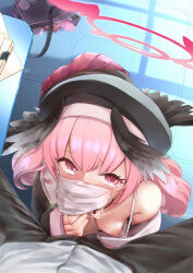 Rule 34 | 1boy, 1girl, absurdres, beret, black headwear, black wings, blue archive, blush, breasts, censored, commentary request, cum, feathered wings, fellatio, fellatio under mask, hat, head wings, hetero, highres, koharu (blue archive), low wings, mask, medium hair, mosaic censoring, mouth mask, nipples, one breast out, oral, penis grab, pink eyes, pink hair, pink skirt, pleated skirt, pov, skirt, small breasts, sota, tearing up, twintails, variant set, wings