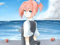 Rule 34 | 10eki (tenchou), 10s, 1girl, blouse, blue eyes, blue sky, commentary request, day, hair between eyes, hair ornament, highres, kantai collection, looking at viewer, looking back, neck ribbon, ocean, pier, pink hair, ponytail, red ribbon, revision, ribbon, school uniform, shiranui (kancolle), shirt, short hair, short ponytail, sky, smile, solo, vest, water, white shirt, wind