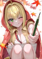 Rule 34 | 1girl, absurdres, autumn leaves, blonde hair, breasts, cleavage, fate/grand order, fate (series), green eyes, highres, medium breasts, nero claudius (fate), nero claudius (fate) (all), one eye closed, pencil, smile, solo, tongue, yayoi maka