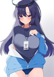 Rule 34 | 1girl, absurdres, black shirt, blue archive, blue buruma, blue jacket, blush, breasts, buruma, closed mouth, commentary request, cowboy shot, gym uniform, halo, hand on own chest, highres, id card, jacket, jacket partially removed, lanyard, large breasts, long hair, long sleeves, looking at viewer, official alternate costume, parted bangs, partial commentary, partially unzipped, purple eyes, purple hair, shirt, short sleeves, sidelocks, simple background, solo, star sticker, sticker on face, sweat, thighs, track jacket, ute (perouthi), yuuka (blue archive), yuuka (track) (blue archive)