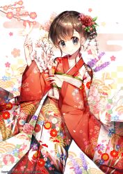 Rule 34 | 1girl, absurdres, artist name, bad id, bad pixiv id, black eyes, blush, brown hair, cherry blossoms, closed mouth, collarbone, flower, hair flower, hair ornament, highres, japanese clothes, kimono, long sleeves, looking at viewer, mo:oku, original, smile, solo