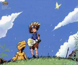 Rule 34 | absurdres, agumon, blue sky, brown shorts, bug, butterfly, cloud, cloudy sky, digimon, digimon (creature), digimon adventure, gloves, goggles, goggles on head, grass, highres, insect, shorts, sky, socks, star (symbol), wada kouji, white gloves, white socks